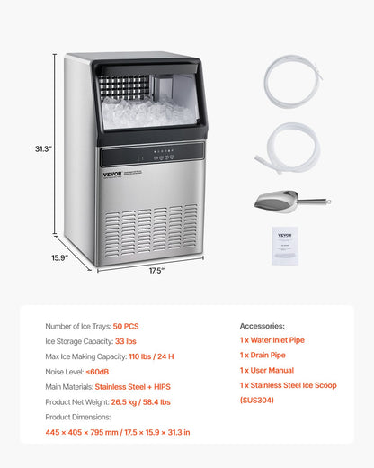 Commercial Ice Maker Machine, 110lbs/24H Ice Maker Machine with 33lbs Storage Capacity, 50 Ice Cubes in 15 Minutes, LED Digital Display Freestanding Self-Cleaning for Bar Office Restaurant
