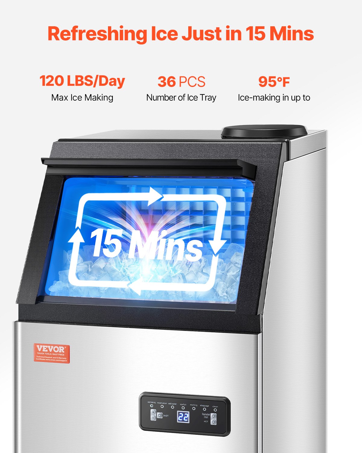 120lbs/24H Commercial Ice Maker, 36 Ice Cubes in 15 Minutes, Freestanding Ice Maker Machine with 28lbs Large Storage Capacity for Bar Office Restaurant, with LED Digital Display & Self-Cleaning