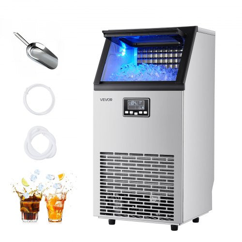 Commercial Ice Maker Machine, 45.36 kg/24h with 12.7kg Storage, 45 Cubes per Cycle, Stainless Steel Freestanding & Under Counter Ice Maker with LED Display & Self-Cleaning, for Bar Restaurant