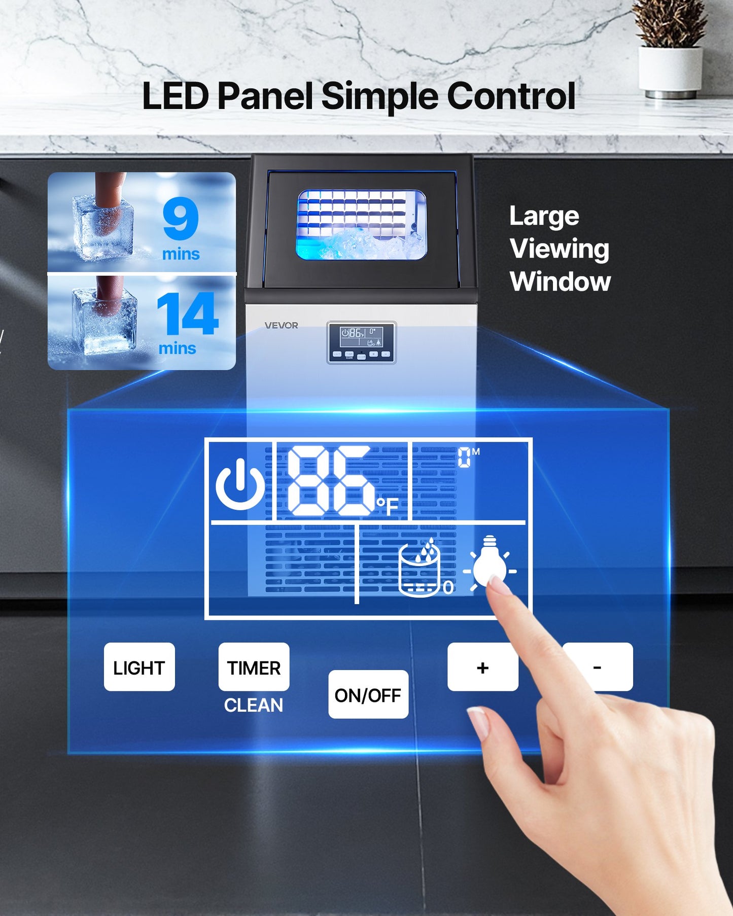 Gewerbliche Eismaschine, 45,36 kg/24 h mit 12,7 kg Vorrat, 45 Eiswürfel pro Zyklus, freistehende und unterbaufähige Edelstahl-Eismaschine mit LED-Anzeige und Selbstreinigungsfunktion, für Bars und Restaurants