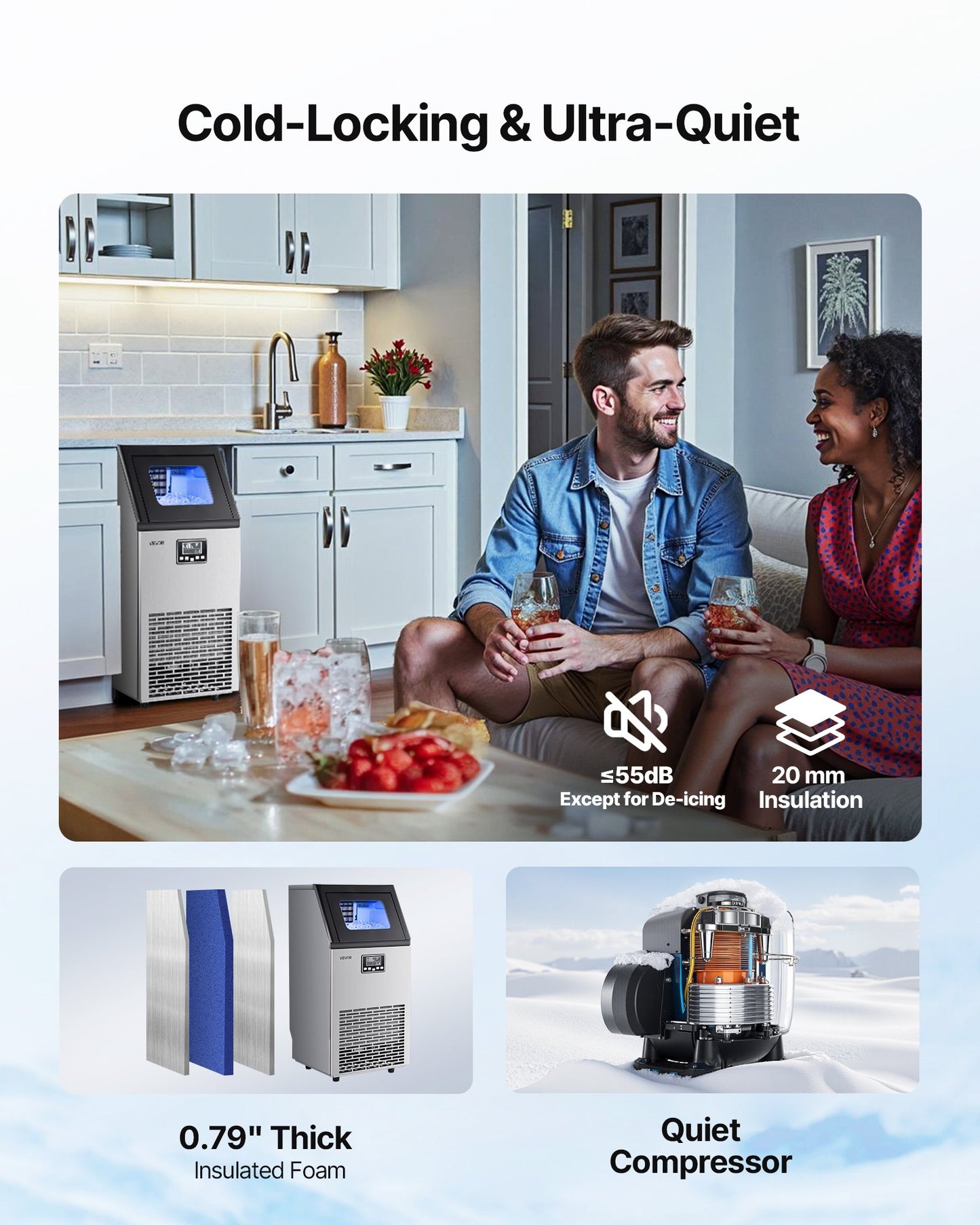 Gewerbliche Eismaschine, 45,36 kg/24 h mit 12,7 kg Vorrat, 45 Eiswürfel pro Zyklus, freistehende und unterbaufähige Edelstahl-Eismaschine mit LED-Anzeige und Selbstreinigungsfunktion, für Bars und Restaurants