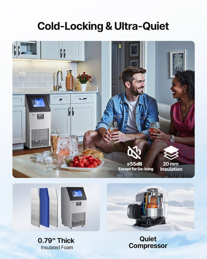 Gewerbliche Eismaschine, 45,36 kg/24 h mit 12,7 kg Vorrat, 45 Eiswürfel pro Zyklus, freistehende und unterbaufähige Edelstahl-Eismaschine mit LED-Anzeige und Selbstreinigungsfunktion, für Bars und Restaurants