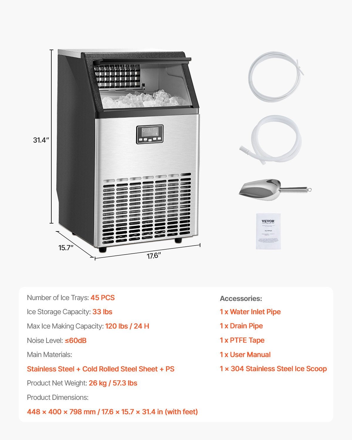 120lbs/24H Commercial Ice Maker, 45 Ice Cubes in 15 Minutes, Freestanding Ice Maker Machine with 33lbs Large Storage Capacity for Bar Office Restaurant, with LED Digital Display & Self-Cleaning