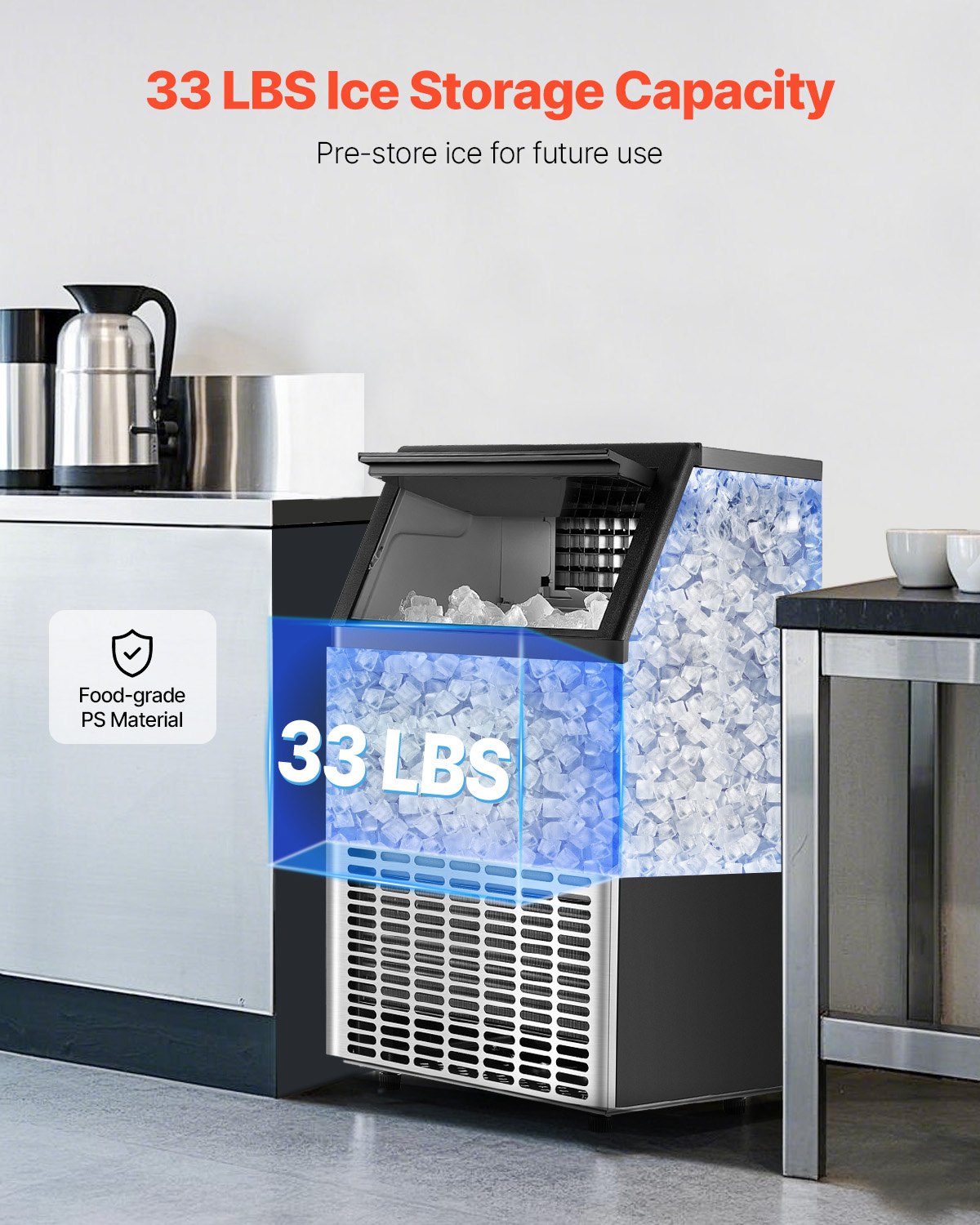 130lbs/24H Commercial Ice Maker, 45 Ice Cubes in 15 Minutes, Freestanding Ice Maker Machine with 33lbs Large Storage Capacity for Bar Office Restaurant, with LED Digital Display & Self-Cleaning