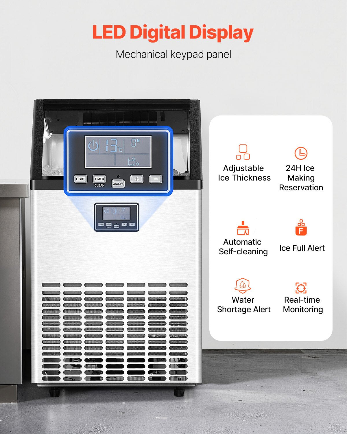 130lbs/24H Commercial Ice Maker, 45 Ice Cubes in 15 Minutes, Freestanding Ice Maker Machine with 33lbs Large Storage Capacity for Bar Office Restaurant, with LED Digital Display & Self-Cleaning