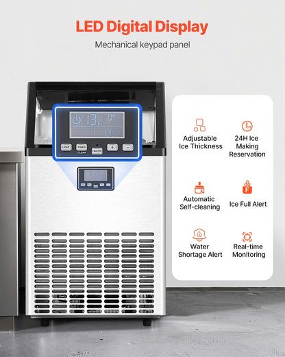 130lbs/24H Commercial Ice Maker, 45 Ice Cubes in 15 Minutes, Freestanding Ice Maker Machine with 33lbs Large Storage Capacity for Bar Office Restaurant, with LED Digital Display & Self-Cleaning