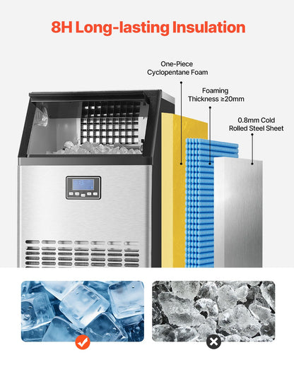 130lbs/24H Commercial Ice Maker, 45 Ice Cubes in 15 Minutes, Freestanding Ice Maker Machine with 33lbs Large Storage Capacity for Bar Office Restaurant, with LED Digital Display & Self-Cleaning