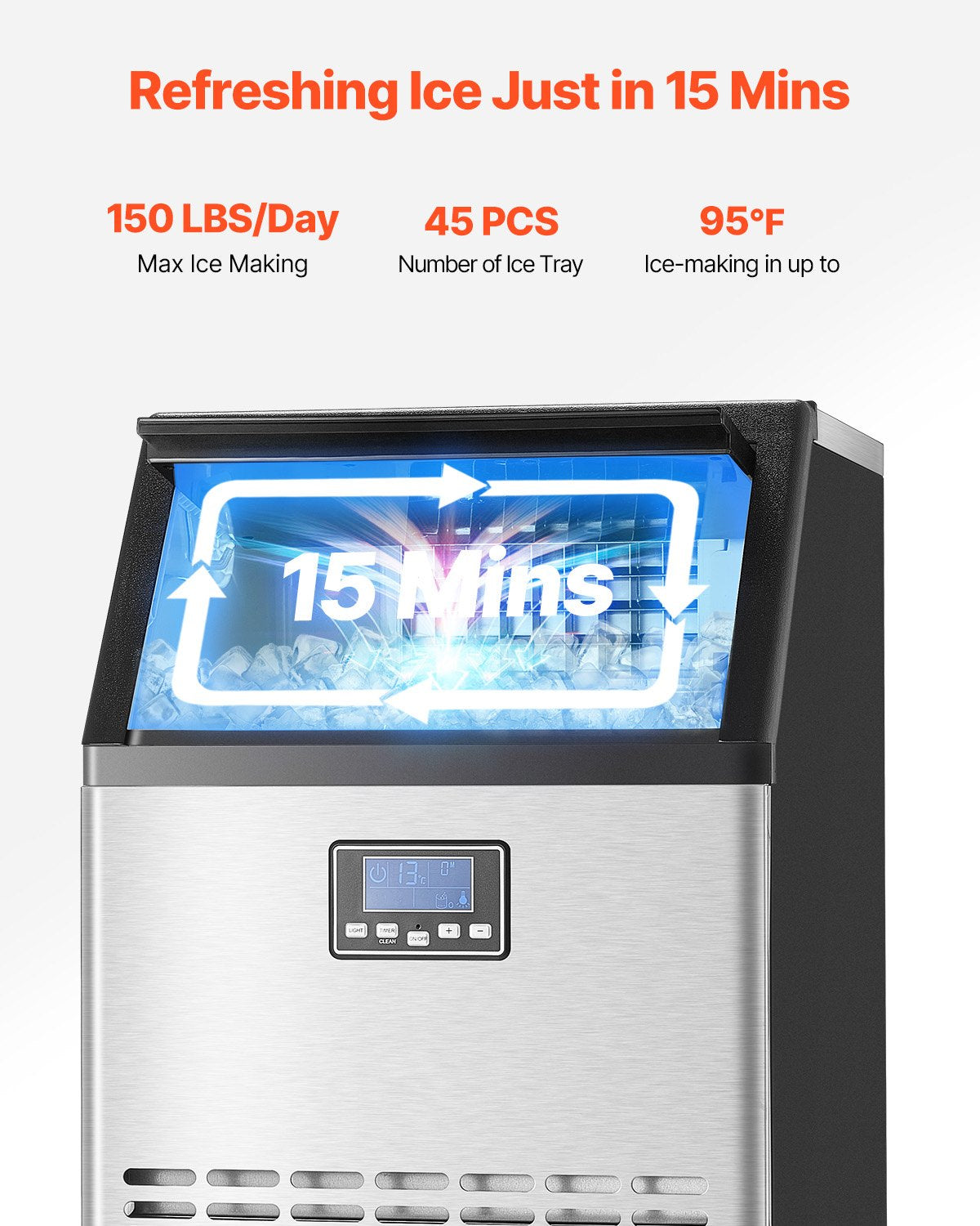 150lbs/24H Commercial Ice Maker, 45 Ice Cubes in 15 Minutes, Freestanding Ice Maker Machine with 33lbs Large Storage Capacity for Bar Office Restaurant, with LED Digital Display & Self-Cleaning
