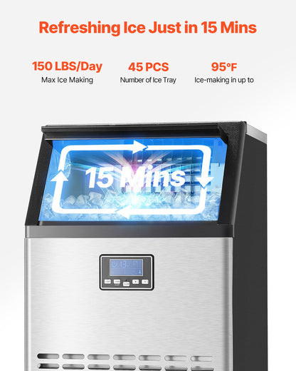 150lbs/24H Commercial Ice Maker, 45 Ice Cubes in 15 Minutes, Freestanding Ice Maker Machine with 33lbs Large Storage Capacity for Bar Office Restaurant, with LED Digital Display & Self-Cleaning