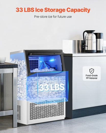 Commercial Ice Maker Machine, 90lbs/24H Ice Maker Machine with 33lbs Storage Capacity, 50 Ice Cubes in 15 Minutes, LED Digital Display Freestanding Self-Cleaning for Bar Office Restaurant