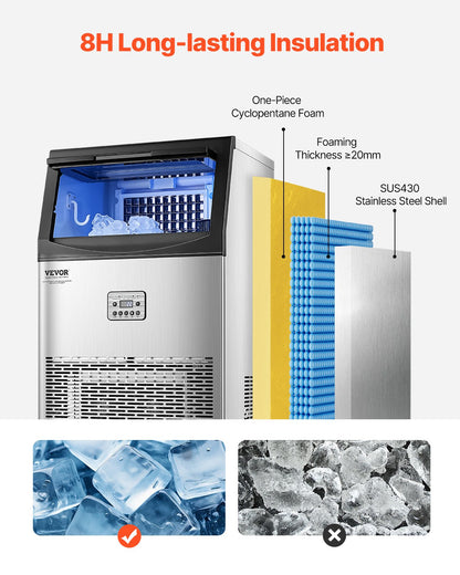 Commercial Ice Maker Machine, 90lbs/24H Ice Maker Machine with 33lbs Storage Capacity, 50 Ice Cubes in 15 Minutes, LED Digital Display Freestanding Self-Cleaning for Bar Office Restaurant