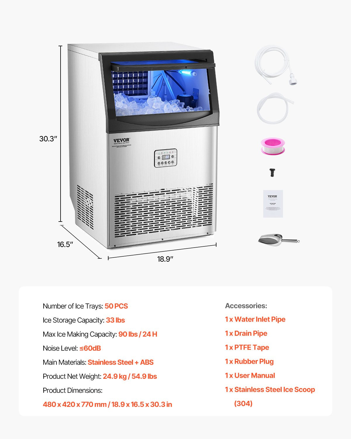 Commercial Ice Maker Machine, 90lbs/24H Ice Maker Machine with 33lbs Storage Capacity, 50 Ice Cubes in 15 Minutes, LED Digital Display Freestanding Self-Cleaning for Bar Office Restaurant