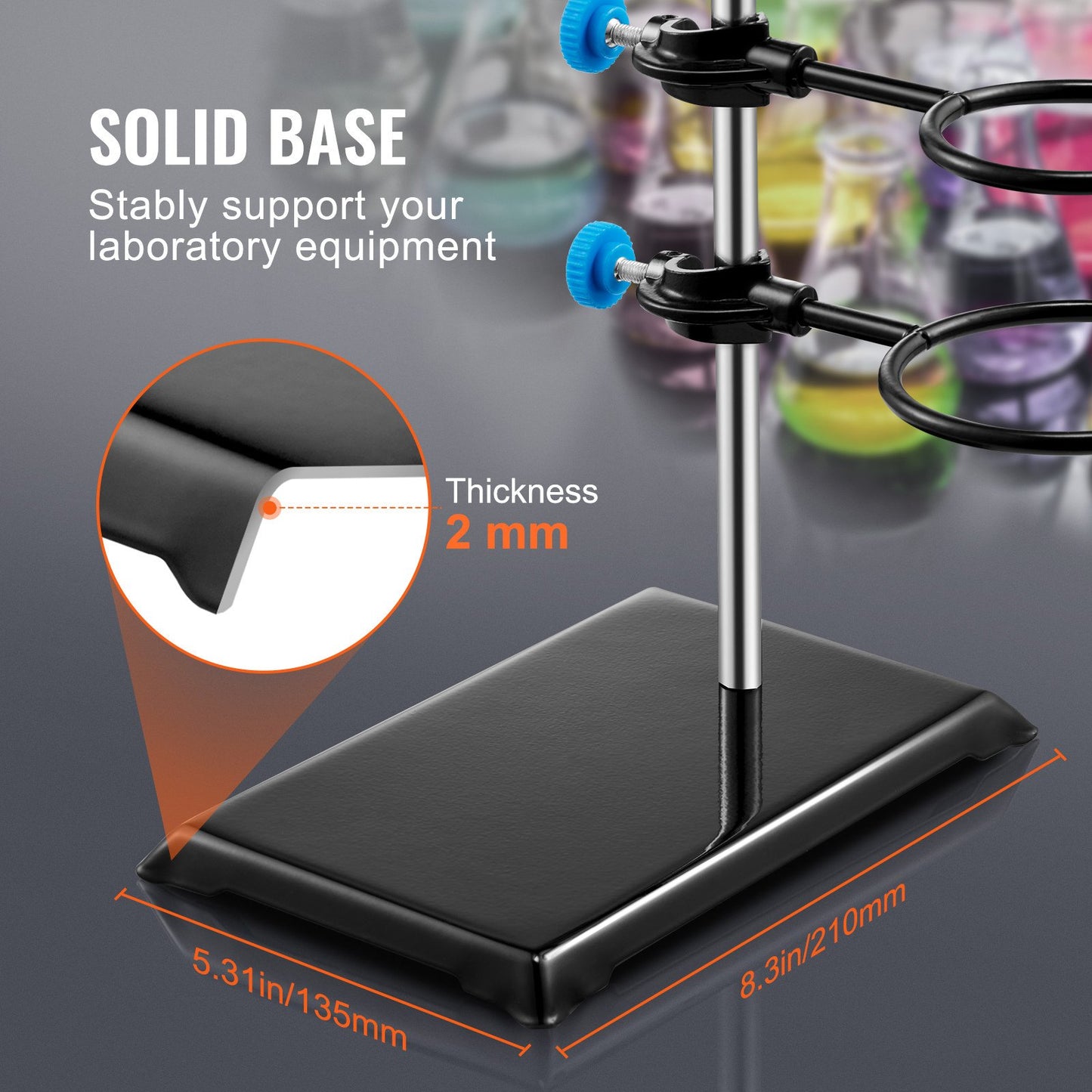 Lab Stand Support, Laboratory Retort Support Stand Set, Steel Lab Stand 59.9 cm Rod and 21.1 x 13.5 cm Cast Iron Base, Includes Flask Clamps, a Burette Clamp and Cross Clamps