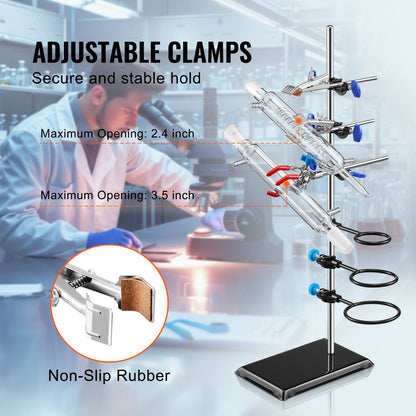 Lab Stand Support, Laboratory Retort Support Stand Set, Steel Lab Stand 59.9 cm Rod and 21.1 x 13.5 cm Cast Iron Base, Includes Flask Clamps, a Burette Clamp and Cross Clamps