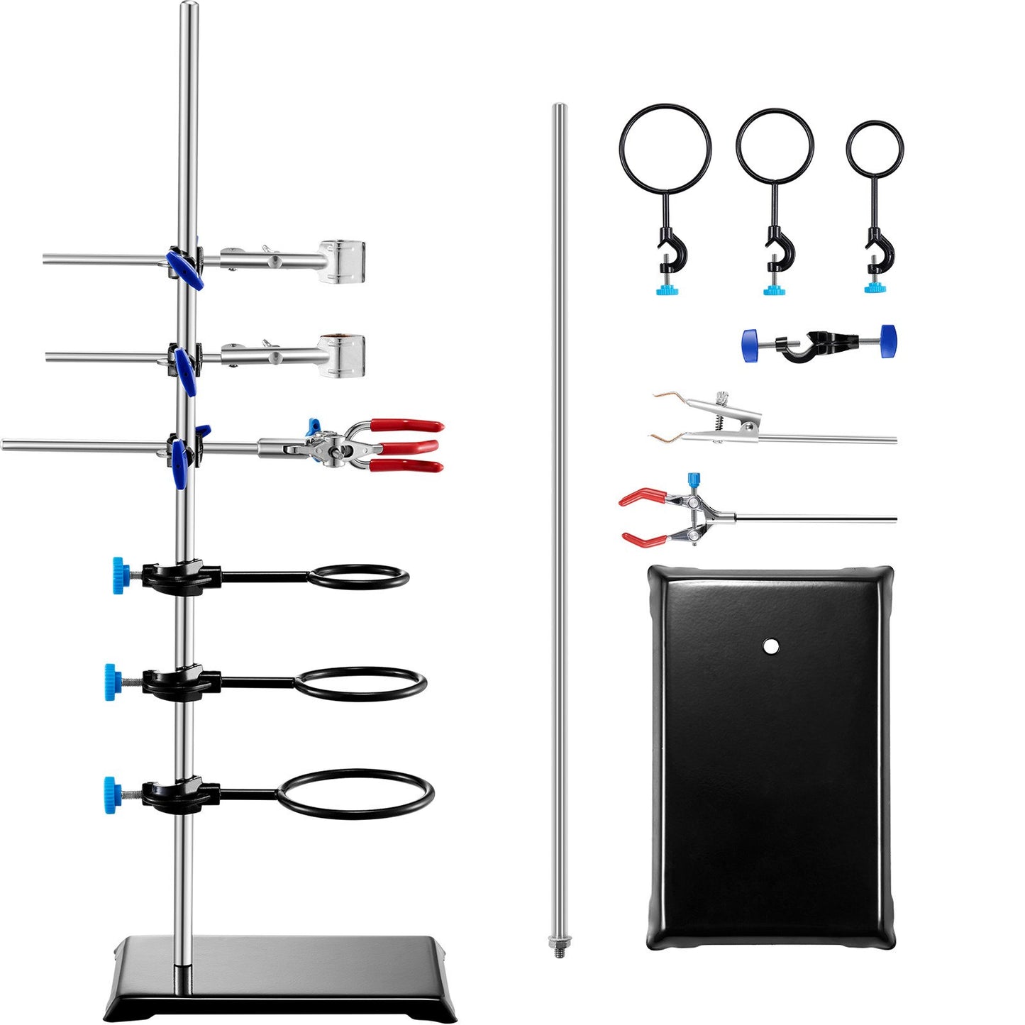 Lab Stand Support, Laboratory Retort Support Stand Set, Steel Lab Stand 59.9 cm Rod and 21.1 x 13.5 cm Cast Iron Base, Includes Flask Clamps, a Burette Clamp and Cross Clamps