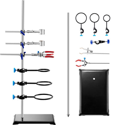 Lab Stand Support, Laboratory Retort Support Stand Set, Steel Lab Stand 59.9 cm Rod and 21.1 x 13.5 cm Cast Iron Base, Includes Flask Clamps, a Burette Clamp and Cross Clamps