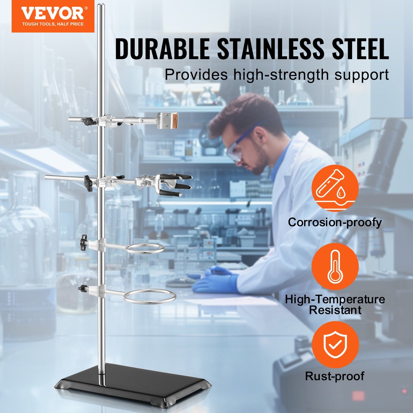 Lab Stand Support, Laboratory Retort Support Stand 2 Sets, Steel Lab Stand 59.9 cm Rod and 21.1 x 13.5 cm Cast Iron Base, Includes Flask Clamps, Burette Clamps and Cross Clamps