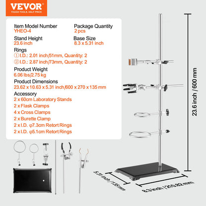 Lab Stand Support, Laboratory Retort Support Stand 2 Sets, Steel Lab Stand 59.9 cm Rod and 21.1 x 13.5 cm Cast Iron Base, Includes Flask Clamps, Burette Clamps and Cross Clamps
