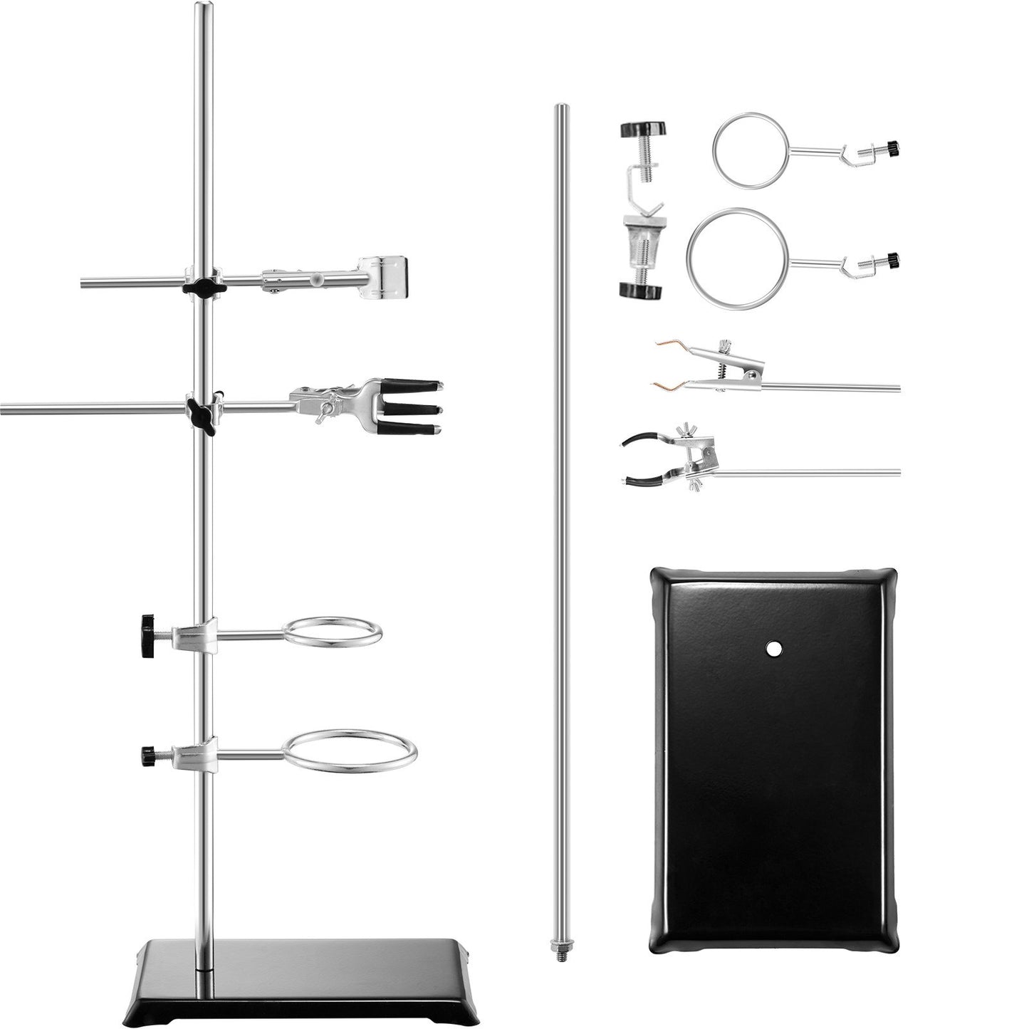 Lab Stand Support, Laboratory Retort Support Stand 2 Sets, Steel Lab Stand 59.9 cm Rod and 21.1 x 13.5 cm Cast Iron Base, Includes Flask Clamps, Burette Clamps and Cross Clamps