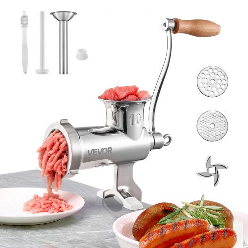 Manual Meat Grinder, 304 Stainless Steel Hand Meat Grinder with Steel Table Clamp, Meat Mincer Sausage Maker with 1 Cutting Blade, 2 Cutting Plates, Sausage Tube for Beef Pork Pepper Mushroom