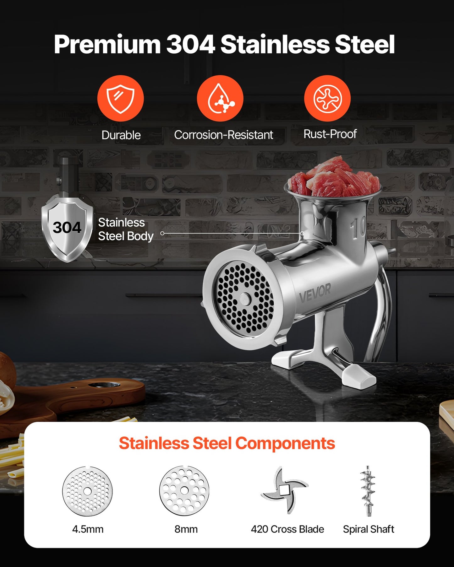 Manual Meat Grinder, 304 Stainless Steel Hand Meat Grinder with Steel Table Clamp, Meat Mincer Sausage Maker with 1 Cutting Blade, 2 Cutting Plates, Sausage Tube for Beef Pork Pepper Mushroom