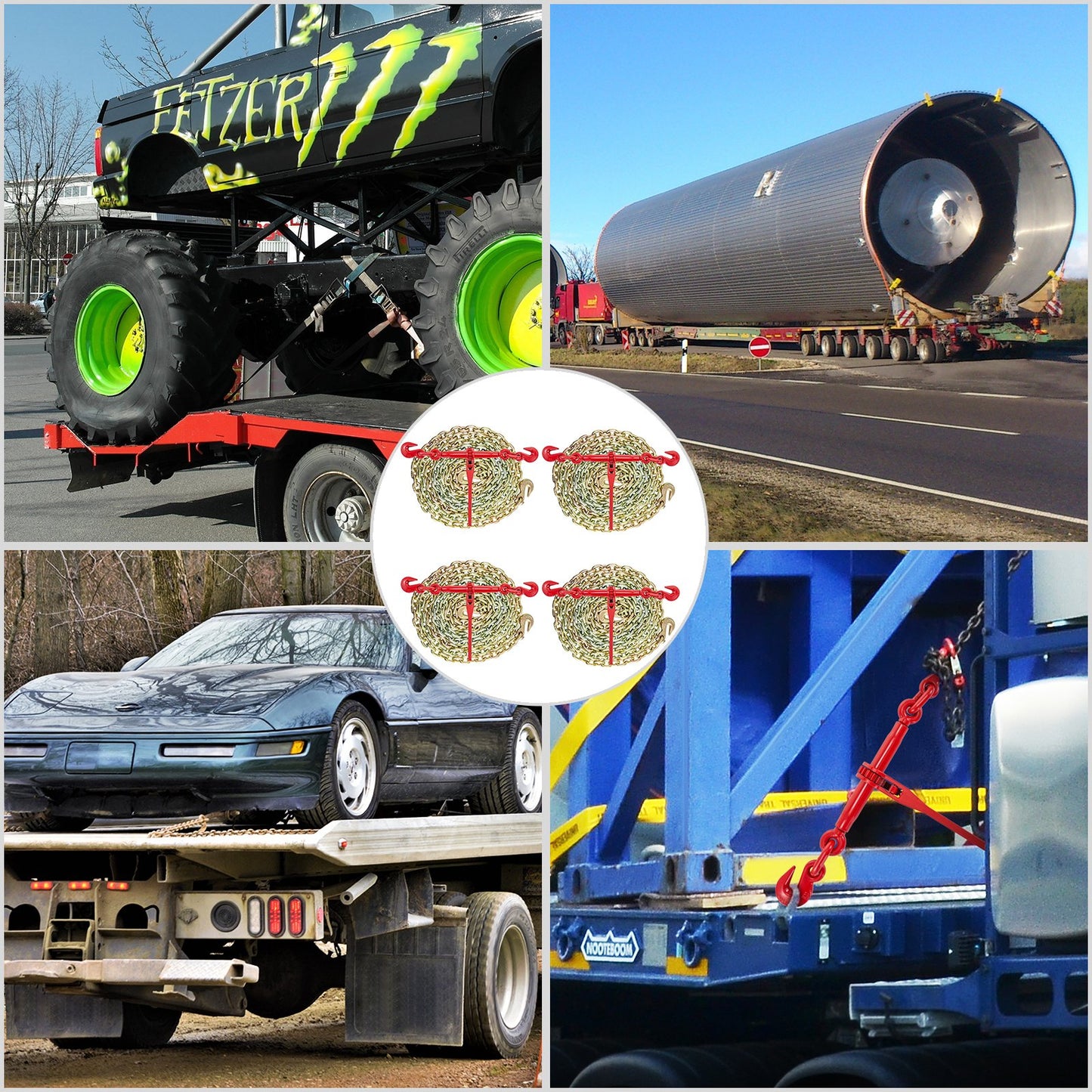 Ketten- und Zurrgurt-Set 3/8 Zoll – 1/2 Zoll, Ratschen-Ladungsgurte, 9215 lbs Arbeitskraft, Ratschengurte und Ketten, 3/8 Zoll x 10 Fuß Ketten mit G70-Haken, für LKW, zum Verzurren, Transportieren und Abschleppen