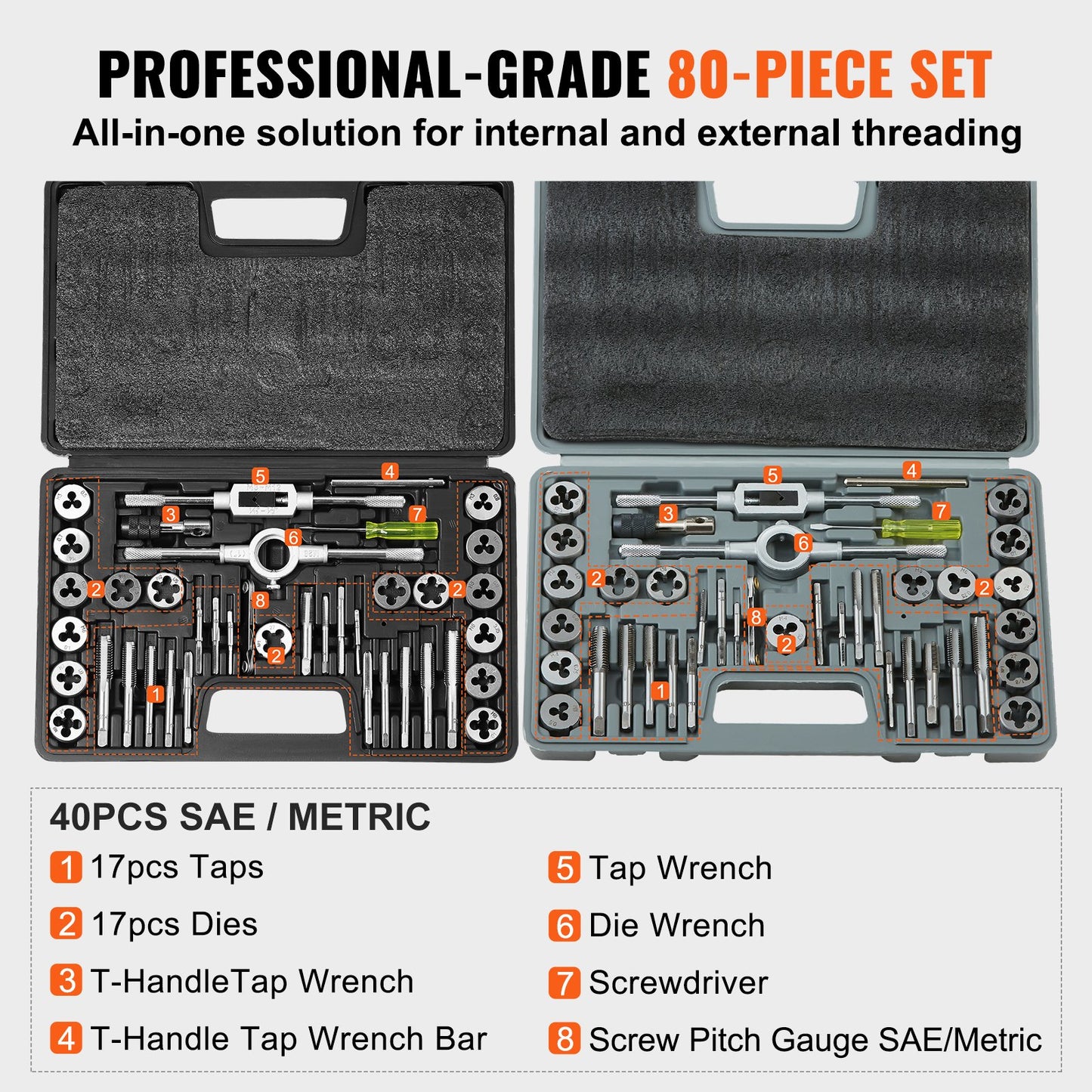 Tap and Die Set, 80-Piece Metric and SAE Standard, Bearing Steel Taps and Dies, Essential Threading Tool for Cutting External Internal Threads, with Complete Accessories and Storage Case