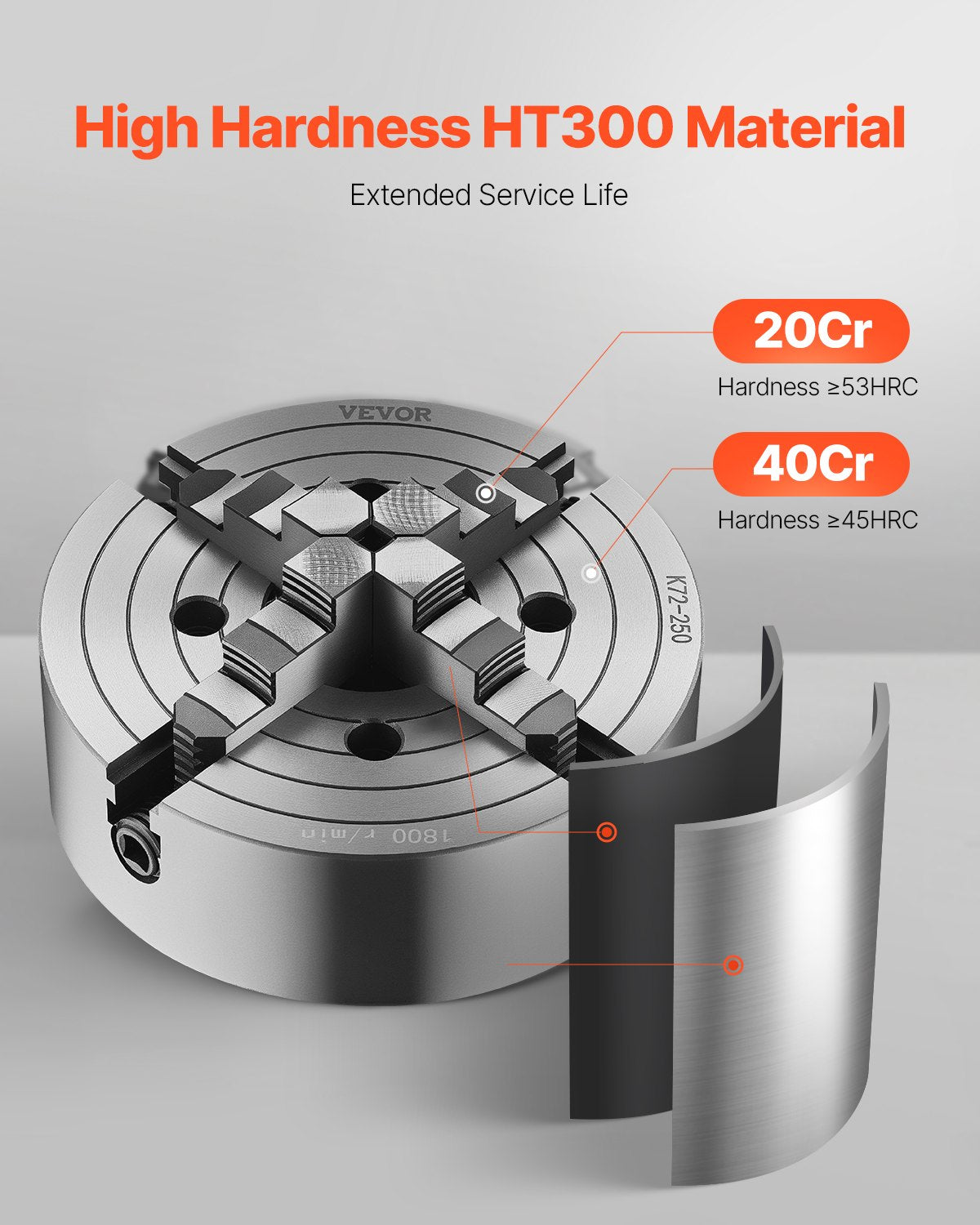 4-Backen-Drehfutter, 250 mm (10 Zoll), Drehfutter, Spannbereich 15–250 mm (0,6–9,84 Zoll) mit T-Keil-Befestigungsschrauben, wendbare Backen, Material: Gusseisen HT300, Innen- und Außenaufnahme für Holz- und Metalldrehmaschinen