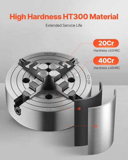 4-Backen-Drehfutter, 250 mm (10 Zoll), Drehfutter, Spannbereich 15–250 mm (0,6–9,84 Zoll) mit T-Keil-Befestigungsschrauben, wendbare Backen, Material: Gusseisen HT300, Innen- und Außenaufnahme für Holz- und Metalldrehmaschinen