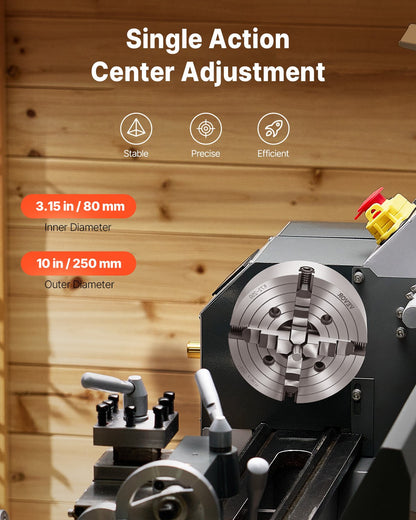 4-Backen-Drehfutter, 250 mm (10 Zoll), Drehfutter, Spannbereich 15–250 mm (0,6–9,84 Zoll) mit T-Keil-Befestigungsschrauben, wendbare Backen, Material: Gusseisen HT300, Innen- und Außenaufnahme für Holz- und Metalldrehmaschinen