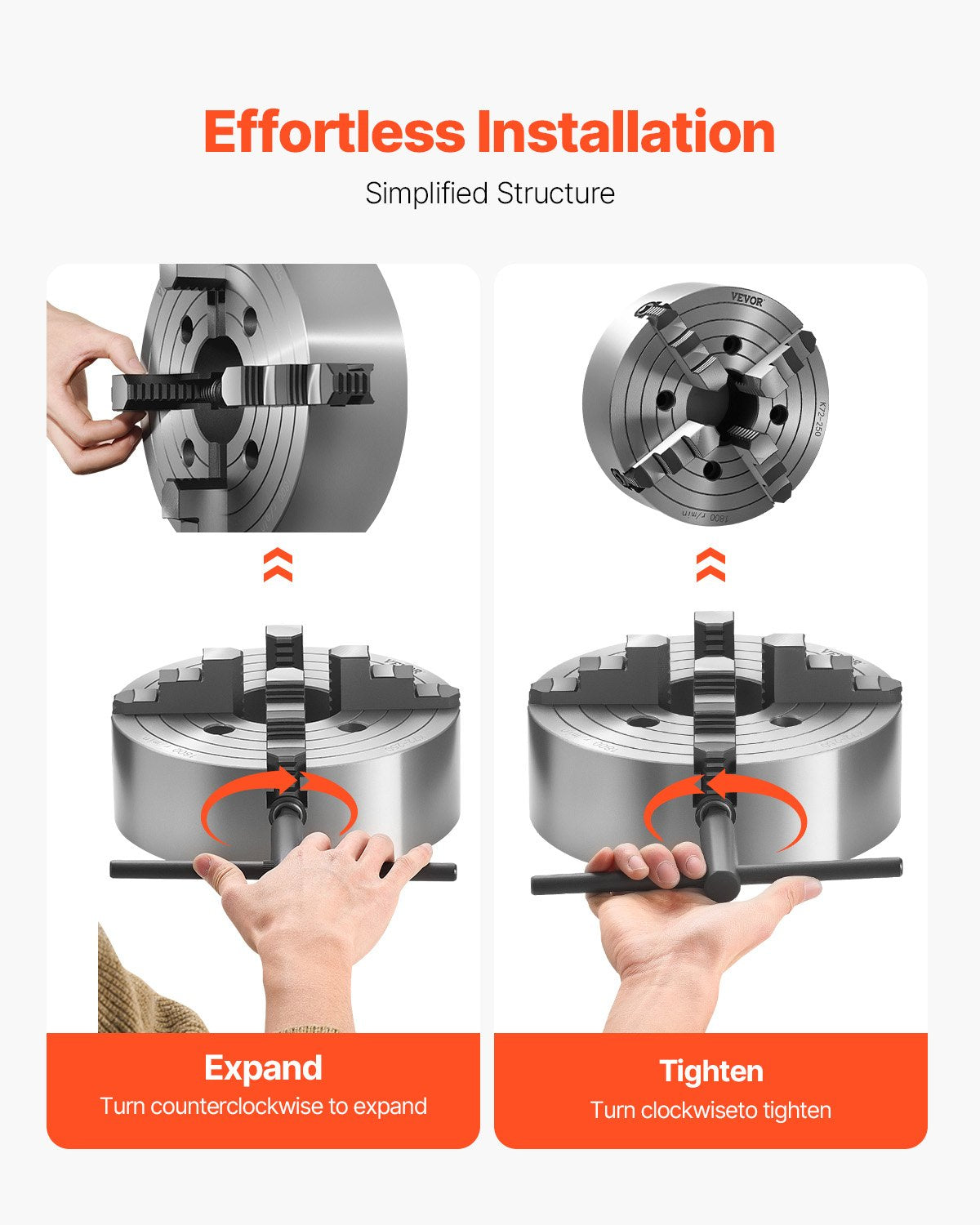 4-Backen-Drehfutter, 250 mm (10 Zoll), Drehfutter, Spannbereich 15–250 mm (0,6–9,84 Zoll) mit T-Keil-Befestigungsschrauben, wendbare Backen, Material: Gusseisen HT300, Innen- und Außenaufnahme für Holz- und Metalldrehmaschinen