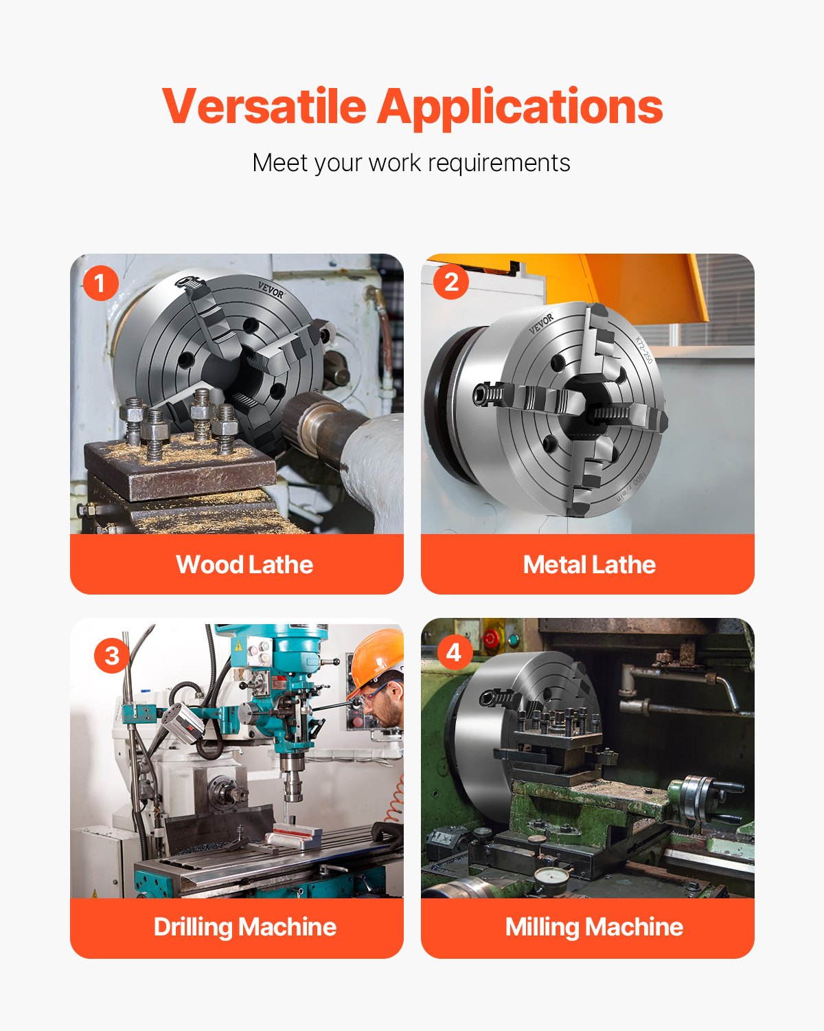 4-Backen-Drehfutter, 250 mm (10 Zoll), Drehfutter, Spannbereich 15–250 mm (0,6–9,84 Zoll) mit T-Keil-Befestigungsschrauben, wendbare Backen, Material: Gusseisen HT300, Innen- und Außenaufnahme für Holz- und Metalldrehmaschinen