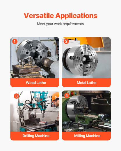 4-Backen-Drehfutter, 250 mm (10 Zoll), Drehfutter, Spannbereich 15–250 mm (0,6–9,84 Zoll) mit T-Keil-Befestigungsschrauben, wendbare Backen, Material: Gusseisen HT300, Innen- und Außenaufnahme für Holz- und Metalldrehmaschinen