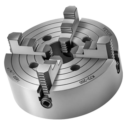 4-Backen-Drehfutter, 250 mm (10 Zoll), Drehfutter, Spannbereich 15–250 mm (0,6–9,84 Zoll) mit T-Keil-Befestigungsschrauben, wendbare Backen, Material: Gusseisen HT300, Innen- und Außenaufnahme für Holz- und Metalldrehmaschinen