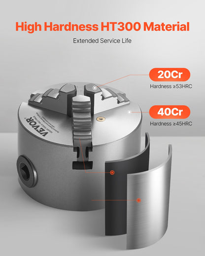 3-Backen-Drehbankfutter, 80 mm (3 Zoll), selbstzentrierend, Spannbereich 2–63 mm (0,08–2,48 Zoll) mit T-Keil-Befestigungsschrauben, wendbare Backen, Werkstoff HT300, Innen- und Außenaufnahme für Holz- und Metalldrehmaschinen