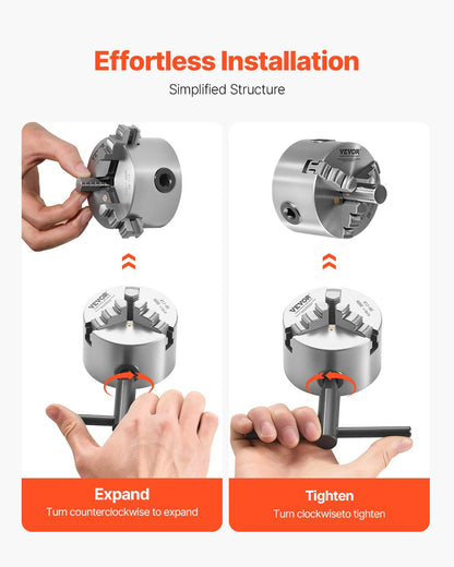 3-Backen-Drehbankfutter, 80 mm (3 Zoll), selbstzentrierend, Spannbereich 2–63 mm (0,08–2,48 Zoll) mit T-Keil-Befestigungsschrauben, wendbare Backen, Werkstoff HT300, Innen- und Außenaufnahme für Holz- und Metalldrehmaschinen