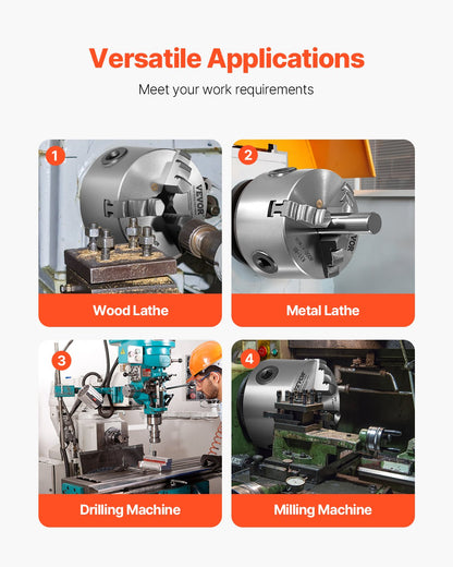 3-Backen-Drehbankfutter, 80 mm (3 Zoll), selbstzentrierend, Spannbereich 2–63 mm (0,08–2,48 Zoll) mit T-Keil-Befestigungsschrauben, wendbare Backen, Werkstoff HT300, Innen- und Außenaufnahme für Holz- und Metalldrehmaschinen