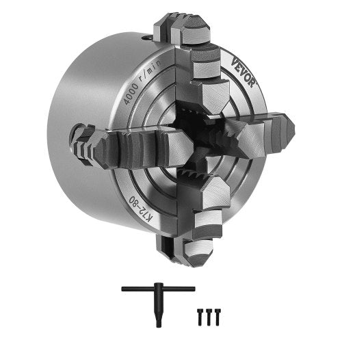 4-Backen-Drehbankfutter, 80 mm (3 Zoll), 4-Backen-Futter, Spannbereich 5–80 mm (0,1–3,15 Zoll) mit T-Keil-Befestigungsschrauben, wendbare Backen, Werkstoff HT300, Innen- und Außenaufnahme für Holz- und Metalldrehmaschinen