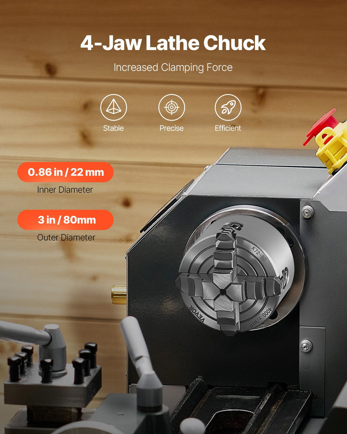 4-Backen-Drehbankfutter, 80 mm (3 Zoll), 4-Backen-Futter, Spannbereich 5–80 mm (0,1–3,15 Zoll) mit T-Keil-Befestigungsschrauben, wendbare Backen, Werkstoff HT300, Innen- und Außenaufnahme für Holz- und Metalldrehmaschinen