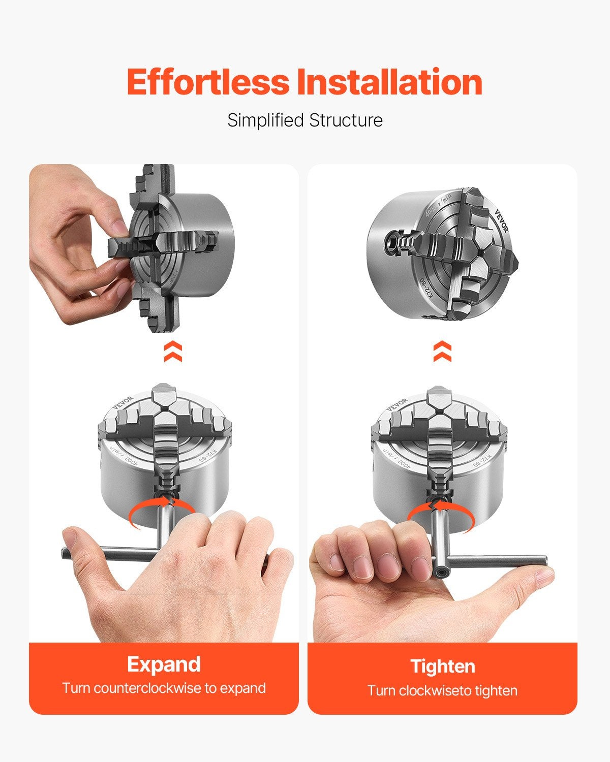 4-Backen-Drehbankfutter, 80 mm (3 Zoll), 4-Backen-Futter, Spannbereich 5–80 mm (0,1–3,15 Zoll) mit T-Keil-Befestigungsschrauben, wendbare Backen, Werkstoff HT300, Innen- und Außenaufnahme für Holz- und Metalldrehmaschinen