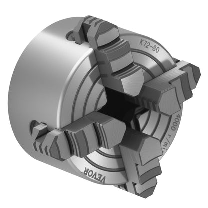 4-Backen-Drehbankfutter, 80 mm (3 Zoll), 4-Backen-Futter, Spannbereich 5–80 mm (0,1–3,15 Zoll) mit T-Keil-Befestigungsschrauben, wendbare Backen, Werkstoff HT300, Innen- und Außenaufnahme für Holz- und Metalldrehmaschinen