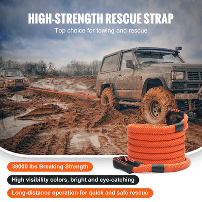 1" (2.54 cm) x 20'/6.1 m Kinetic Recovery Tow Rope 38,000 lbs/17,237.5 kg, Heavy-Duty Off Road Snatch Strap, Extreme Duty 30% Elasticity Energy Snatch Strap for Jeep Car Truck ATV UTV SUV Tractor