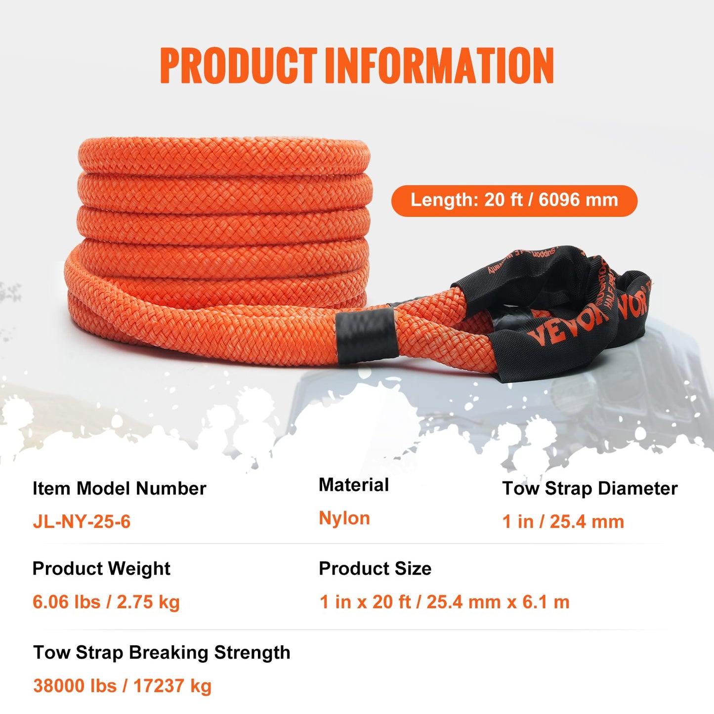 1" (2.54 cm) x 20'/6.1 m Kinetic Recovery Tow Rope 38,000 lbs/17,237.5 kg, Heavy-Duty Off Road Snatch Strap, Extreme Duty 30% Elasticity Energy Snatch Strap for Jeep Car Truck ATV UTV SUV Tractor
