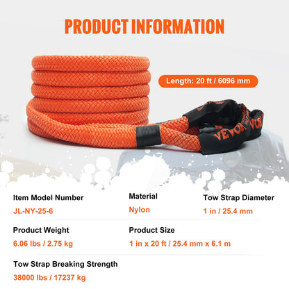 1" (2.54 cm) x 20'/6.1 m Kinetic Recovery Tow Rope 38,000 lbs/17,237.5 kg, Heavy-Duty Off Road Snatch Strap, Extreme Duty 30% Elasticity Energy Snatch Strap for Jeep Car Truck ATV UTV SUV Tractor