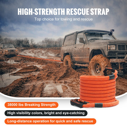 1" (2.54 cm) x 30'/9.1 m Kinetic Recovery Tow Rope 38,000 lbs/17,237.5 kg, Heavy-Duty Off Road Snatch Strap, Extreme Duty 30% Elasticity Energy Snatch Strap for Jeep Car Truck ATV UTV SUV Tractor