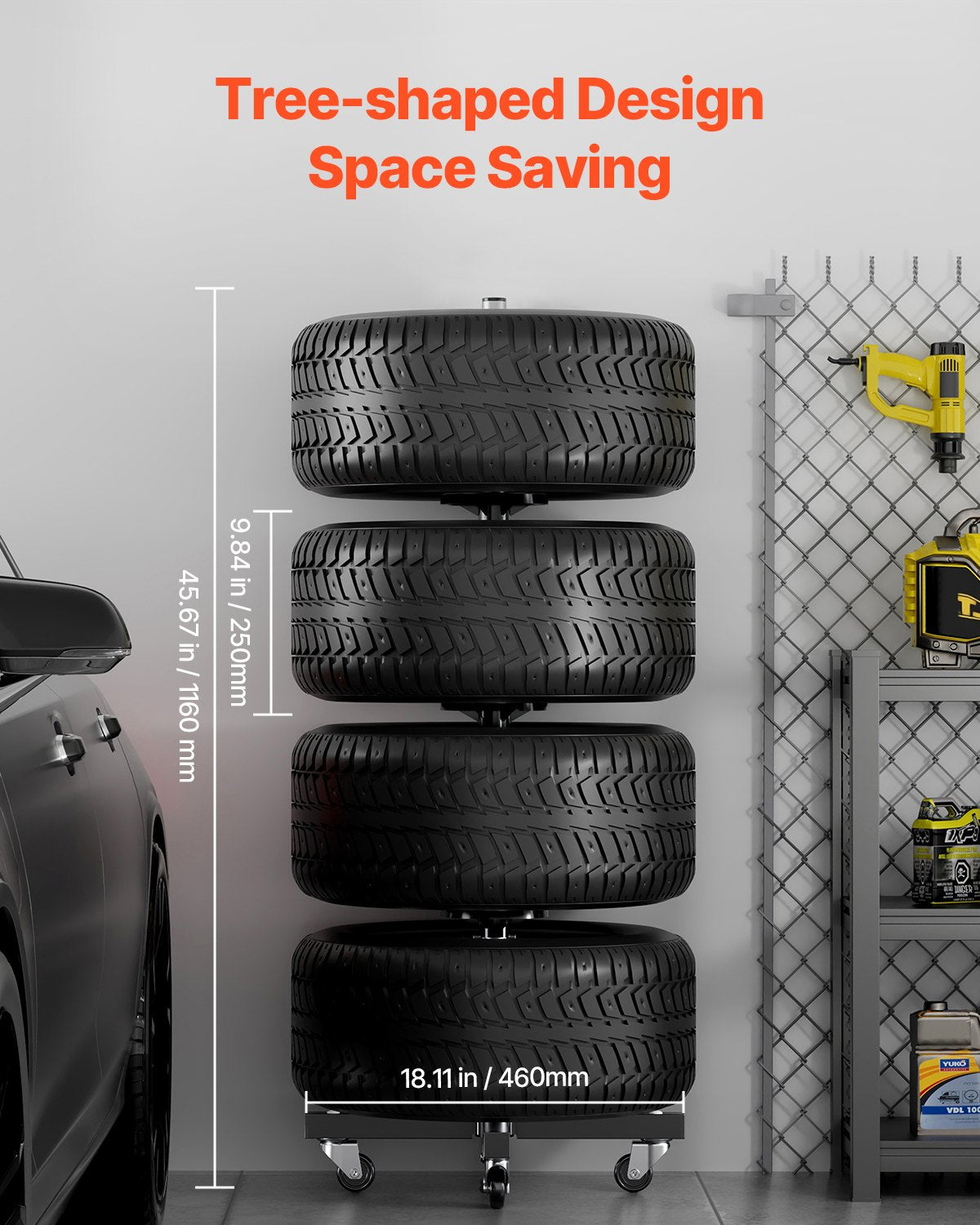 Reifenständer mit Rädern, robuster Stahl-Reifenständer für 4 Reifen mit Felgen, platzsparend und mobil, für Reifen bis zu 225 mm Breite, max. Tragkraft 100 kg, ideal für Garage und Werkstatt