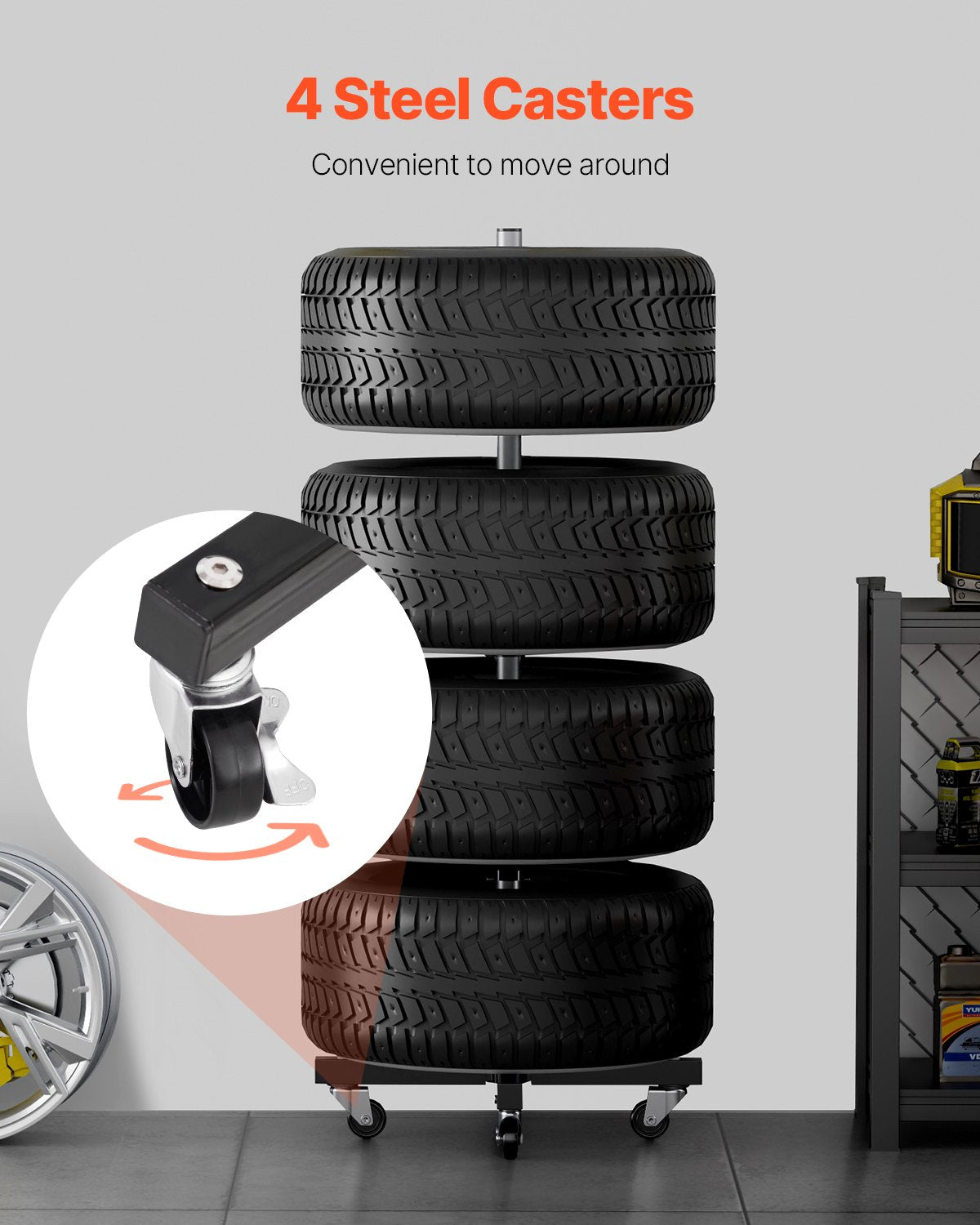 Reifenständer mit Rädern, robuster Stahl-Reifenständer für 4 Reifen mit Felgen, platzsparend und mobil, für Reifen bis zu 225 mm Breite, max. Tragkraft 100 kg, ideal für Garage und Werkstatt