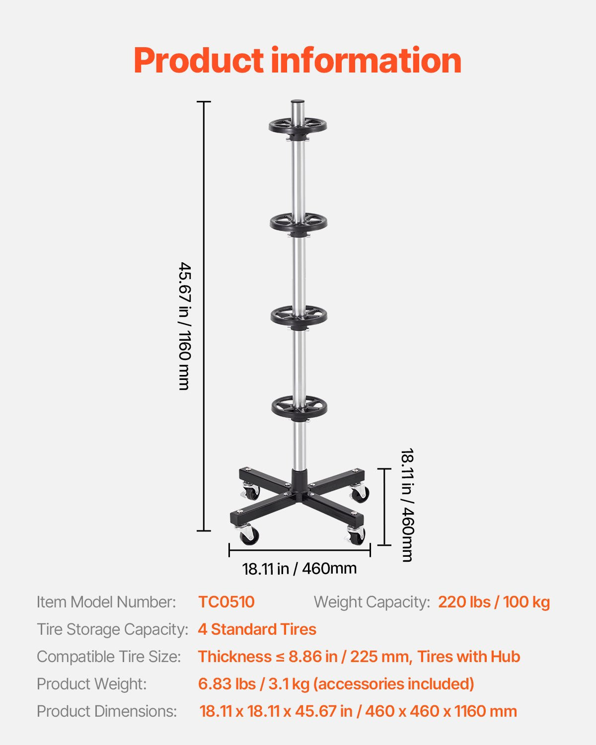 Reifenständer mit Rädern, robuster Stahl-Reifenständer für 4 Reifen mit Felgen, platzsparend und mobil, für Reifen bis zu 225 mm Breite, max. Tragkraft 100 kg, ideal für Garage und Werkstatt