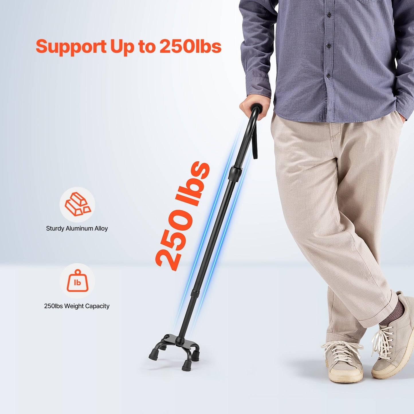 Quad Walking Cane, 10-Level Height Adjustable Walking Stick with 4-Pronged Stable Base, Lightweight & Portable Aluminum Mobility Walking Aid for Seniors Adults Man Woman, 250LBS Loading Capacity