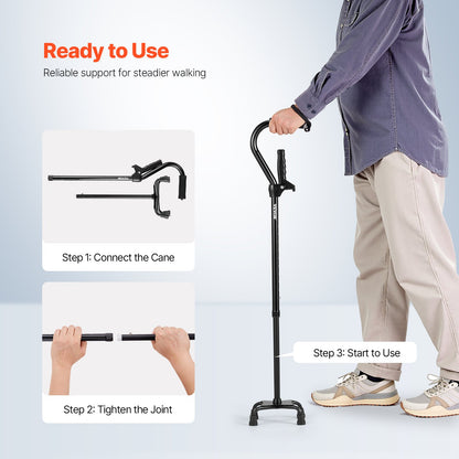 Quad Walking Cane, 10-Level Height Adjustable Walking Stick with 4-Pronged Stable Base, Lightweight & Portable Aluminum Mobility Walking Aid for Seniors Adults Man Woman, 250LBS Loading Capacity
